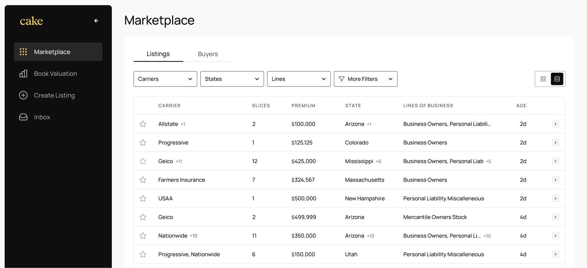 Marketplace listings interface