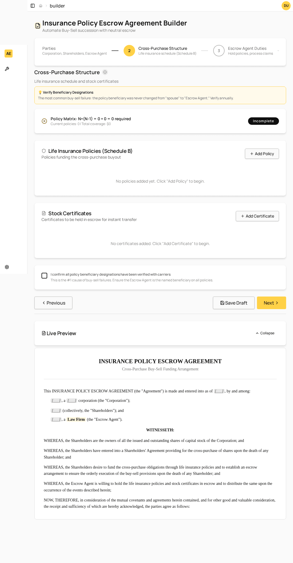 Escrow cross-purchase policies